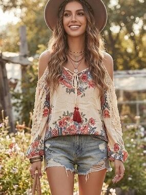 Angie Boho Floral Cold Shoulder Top Peasant Hippie Indie Cottagecore Crochet L